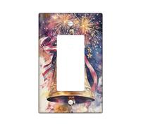 Bell Single Rocker Light Switch Cover, Festive Patriotic Fireworks Stars Independence Gold Plastic Standard Size Switch Plate Decorative for New Apartment Home Bedroom Office Decor