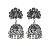 Bell Tassel Indian Vintage Jhumka Earrings, Peacock Filigree Boho Dangle Drop with Honeycomb Motifs - Traditional Gold/Silver Ethnic Bohemian Jewellery for Women & Girls (Silver)