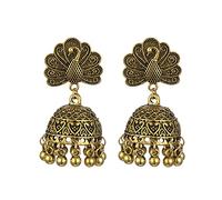 Bell Tassel Indian Vintage Jhumka Earrings, Peacock Filigree Boho Dangle Drop with Honeycomb Motifs - Traditional Gold/Silver Ethnic Bohemian Jewellery for Women & Girls (Gold)
