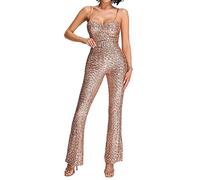 BELLA BARNETT Elegant Sequin Jumpsuit Slim Fit Jumpsuit Micro Flared Jumpsuit Sexy Club Jumpsuit Wide Jumpsuit For Women, Gold, Small