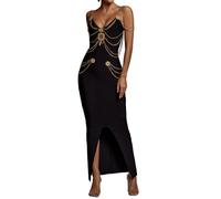BELLA BARNETT Metal Embellishment Maxi Dress - Classy Evening Backless Bandage Elegant Dress, Black, S