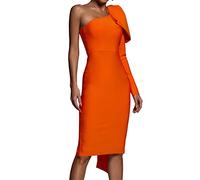 BELLA BARNETT Midi One Shoulder Dress Glamorous Bow Bodycon Dress Stunning Prom Dress Classy Cocktail Dress Elegant Dress, Orange, XL