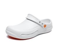 Bella Bays Chef Kitchen Clog Men Women Non Slip Waterproof Oil Resistant Lightweight Shock Absorbing Work Shoes for Garden Hospital Nurse Food Service Nursing White Wide Size UK 7