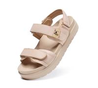 Bella Bays Women's Flatform Sandals Chunky Soft Comfortable Lightweight Ladies Summer Flat Shoes Adjustable Double Strap Thick Leather Insole Sandals Beige Size 5 UK