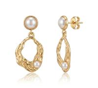 BELLA-Bee Gold and Pearl Earrings for Women, 18K Gold Plated Statement Earrings for Women, Vintage Textured Gold Earrings with Pearls, Earrings for Women Wedding Daily Jewelry Gift, One Size, Metal