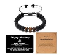 BELLA-Bee Happy Birthday Bracelet for Men Natural Stone Bracelet Birthday Gifts for Dad Son Brother Nephew Lover with Meaningful Metal Wallet Card, adjustable, Stone, tiger eye
