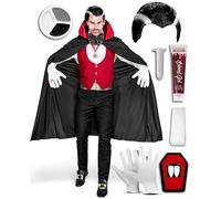 Bella Dox Adult Bloodthirst Vampire Wig, Vest, Cummerbund, Bowtie, Medallion, Gloves, Cape & Make Up Kit - Men Gothic Dracula Fancy Dress for Halloween Party (XL/XXL)