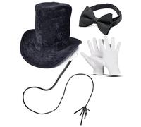 Bella Dox Adult Ringmaster Top Hat + Bow Tie + Gloves + Whip - Circus Showman Magician Lion Tamer Fancy Dress Costume for Halloween Cosplay Theme Party