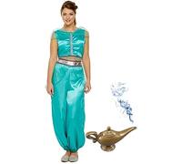 Bella Dox Arabian Princess Costume for Women - Jasmine Belly Dance Fancy Dress Outfit with Genie Lamp, Gold Sequin Jumpsuit for Halloween & Parties