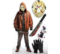 Bella Dox Jason Voorhees Costume for Men - 4PC Halloween Scary Movie Outfit Kit with Mask & Glove - Adult Horror Costumes for Fancy Dress Parties
