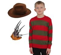 Bella Dox Junior Freddy Krueger Fancy Dress Costume with Red & Green Stripe Jumper + Brown Hat + Claw Glove for Halloween Nightmare On ELM Street Cosplay Outfit (Small 7-8y)
