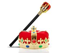 Bella Dox King Crown & Sceptre Set - Royal Red Velvet Costume Hat & Accessory for Adults, Fancy Dress for Christmas, Book Week, Hen & Stag Parties, Medieval Theme Events