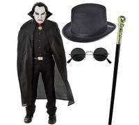 Bella Dox Men Women Scary Gothic Vampire Dracula Cape + Hat + Gold Cane - Adult Vampire Horror Bloodthirst Halloween Cosplay Fancy Dress Costume Set
