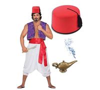 Bella Dox Men's Arabian Prince Costume | Aladdin Fancy Dress Outfit with Red Fez Hat & Purple Vest for Halloween, World Book Day & Arab Theme Parties