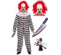 Bella Dox Men's Killer Clown Costume Set - Sinister Evil Jester Fancy Dress with Wig, Bloody Knife & Fake Blood for Halloween Scary Party (Adult, As Shown)