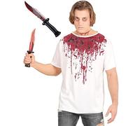 Bella Dox Men's Zombie Blood Print T-Shirt & Prop Knife Set | Halloween Costume, Scary Fancy Dress Outfit for Parties & Cosplay | White Horror Tee with Blood Splatter Effect