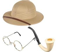 Bella Dox Safari Pith Helmet Costume Set with Glasses and Prop Pipe, 3-Piece, Beige, One Size Adjustable, Jungle Theme Fancy Dress Party Accessories, Adult Unisex