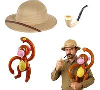 Bella Dox Safari Pith Helmet for Adults, Explorer Costume Set with Jungle Hat, Smoking Pipe Prop & Inflatable Monkey, Adventure Fancy Dress for Halloween, Cosplay & Themed Parties