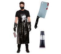 Bella Dox Scary Butcher Surgeon Costume Set for Adults - Halloween Horror Outfit with Mask, Black Apron, Fake Blood & Bloody Cleaver Prop - Creepy Killer Chef Fancy Dress for Parties & Scare Events