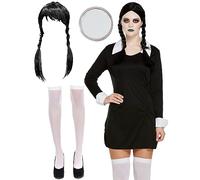 Bella Dox Wednesday Addams Costume for Women, Gothic Manor Daughter Fancy Dress Outfit with Wig & Stockings - Adult Scary Haunted Schoolgirl Costume
