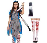 Bella Dox Women Horror Alice Halloween Fancy Dress Costume - Dress + Apron + Headband + Bloody Stocking + Knife Prop + Fake Blood Tube, Scary Zombie Killer Lady Gothic