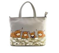 Bella Highland Cow Family Multiway Grab Bag - Genuine Soft Leather Handbag with Detachable Shoulder Strap - Highland Cow Appliqué - 29.5 x 23 x 8 cm - Grey, Black, or Teal (Grey)