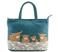 Bella Highland Cow Family Multiway Grab Bag - Genuine Soft Leather Handbag with Detachable Shoulder Strap - Highland Cow Appliqué - 29.5 x 23 x 8 cm - Grey, Black, or Teal (Teal)