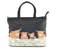 Bella Highland Cow Family Multiway Grab Bag - Genuine Soft Leather Handbag with Detachable Shoulder Strap - Highland Cow Appliqué - 29.5 x 23 x 8 cm - Grey, Black, or Teal (Black)