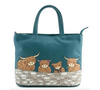 Bella Highland Cow Leather Family Love Multiway Grab Bag In Teal Green