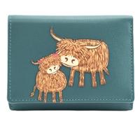 Bella Highland Cow Leather Mum Daughter Love Tri-Fold Purse Wallet in Teal Green