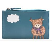 Bella Highland Cow with Tartan Scarf Leather Card and Coin Purse in Teal Green