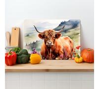 Bella Home Textured Glass Chopping Board Watercolour Highland Cow - Large