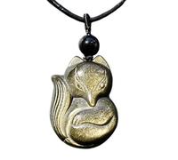 Bella Jade Fox Pendant Necklace Amulet/Talisman, Made of Obsidian Gemstone, with Necklace Cord, (Golden Obsidian)