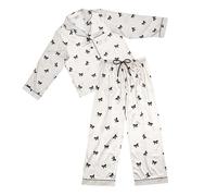 Bella Matching Pajama Sleep Set For Women, Long Sleeve and Pant 2-Piece Loungewear, Polyester Satin Black Bows, Black/White, S