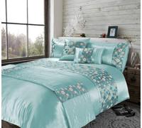 Bella Nights Luxury Satin Duvet Cover Set with Sequin Floral Panel Romi Embroidered Microfibre Duvet Cover Set - Soft Silky Bedding Set with Matching Pillowcases (Teal, Single)