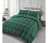 Bella Nights Tartan Check Flannelette Duvet Cover Set - 100% Brushed Cotton Thermal Bedding with Matching Pillowcases Soft & Warm Cosy Bed Linen (Green, Double)