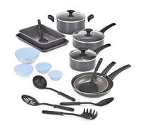 BELLA Nonstick Cookware Set with Glass Lids - Aluminum Bakeware, Pots and Pans, Storage Bowls & Utensils, Compatible with All Stovetops, 21 Piece, Black