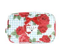 Bella Sleep + Spa Quilted Cosmetic Travel Bag, Large Toiletry Makeup Organizer with Zipper Closure, Water-Resistant Beauty Accessory Pouch, 10.75"x 6.5"x 5.75", Blue Gingham + Red Roses