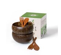 Bella Tree® Set of 2 Jumbo Coconut Bowls with 2 Wooden Spoons and 2 Wooden Forks