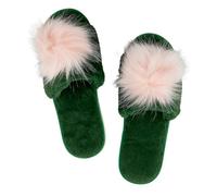 Bella Ultra Soft Plush Indoor House Slippers With Fuzzy Pom Pom, Plush Polyester Emerald Green and Pink, Small (US 5-6)