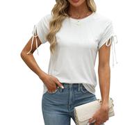 BellaDila Womens Summer Casual Short Sleeve Tops Crew Neck Pleated T Shirts Blouses Drawstring Cap Sleeve Tee Tunic 2025