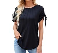 BellaDila Womens Summer Casual Short Sleeve Tops Crew Neck Pleated T Shirts Blouses Drawstring Cap Sleeve Tee Tunic 2025
