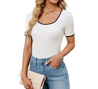 BellaDila Women's Summer Short Sleeve Square Neck T Shirts Color Block Slim Fit Rib Knit Basic Solid Tee Tops for Women 2025