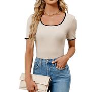 BellaDila Women's Summer Short Sleeve Square Neck T Shirts Color Block Slim Fit Rib Knit Basic Solid Tee Tops for Women 2025