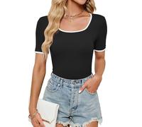 BellaDila Women's Summer Short Sleeve Square Neck T Shirts Color Block Slim Fit Rib Knit Basic Solid Tee Tops for Women 2025