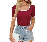 BellaDila Women's Summer Short Sleeve Square Neck T Shirts Color Block Slim Fit Rib Knit Basic Solid Tee Tops for Women 2025