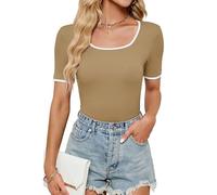 BellaDila Women's Summer Short Sleeve Square Neck T Shirts Color Block Slim Fit Rib Knit Basic Solid Tee Tops for Women 2025