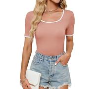BellaDila Women's Summer Short Sleeve Square Neck T Shirts Color Block Slim Fit Rib Knit Basic Solid Tee Tops for Women 2025