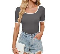 BellaDila Women's Summer Short Sleeve Square Neck T Shirts Color Block Slim Fit Rib Knit Basic Solid Tee Tops for Women 2025