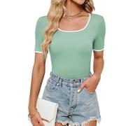 BellaDila Women's Summer Short Sleeve Square Neck T Shirts Color Block Slim Fit Rib Knit Basic Solid Tee Tops for Women 2025